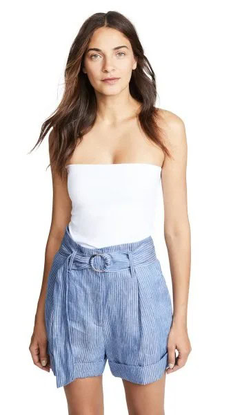 White Form Fitting Tube Top with Blue Striped Mini Shorts