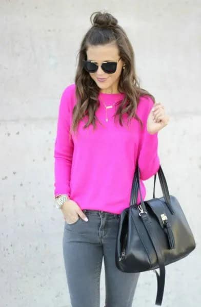 Hot Pink Fitted Sweater with Grey Skinny Jeans