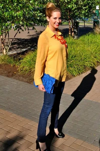 Mustard Button Up Boyfriend Shirt with Dark Blue Slim Fit Jeans