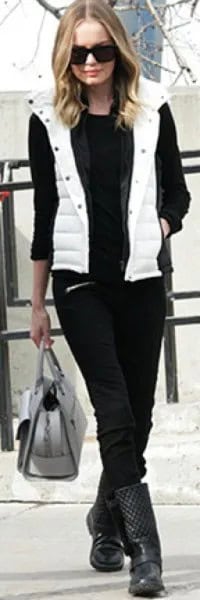 White Hooded Down Vest with Black Sweater & Jeans