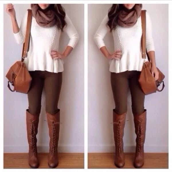 White Ribbed Sweater with Brown Skinny Jeans & Knee High Boots