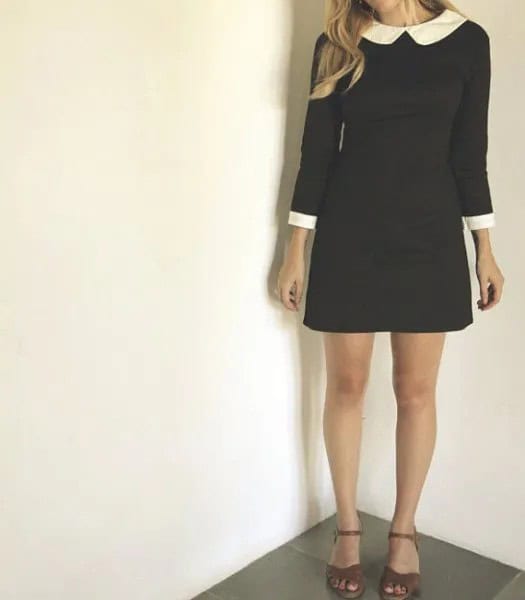 White Rounded Collar Black Mini Dress