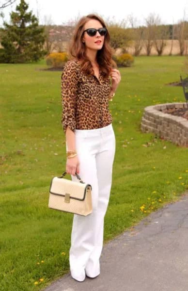 Leopard Print Button Up Shirt with White Wide Leg Chinos