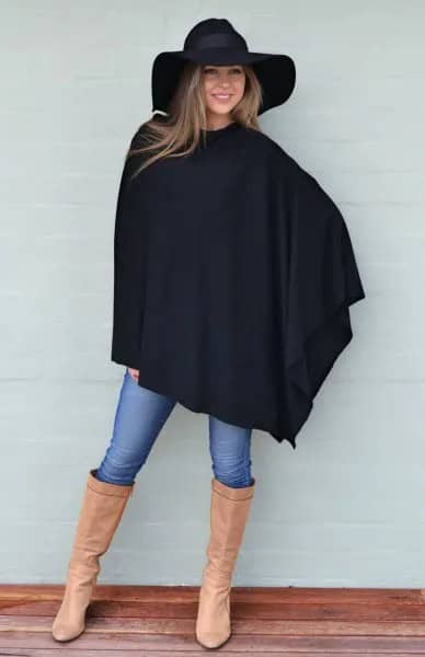 Black Wool Poncho with Floppy Hat & Leather Boots