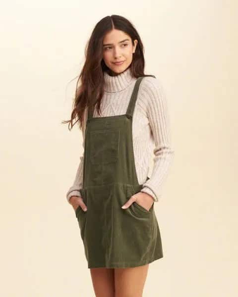 Overall Dress with Light Grey Turtleneck Cable Knit Sweater