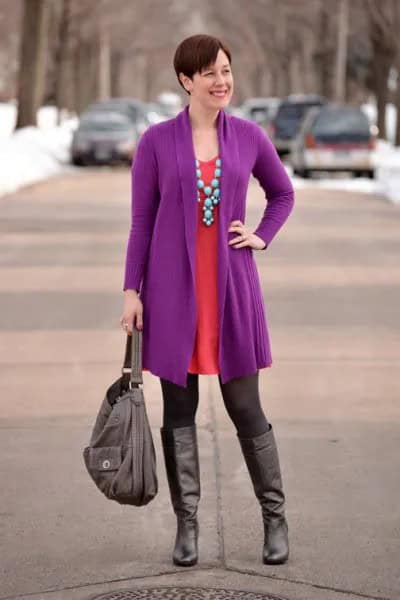 Long Purple Cardigan with Orange Mini Shift Dress