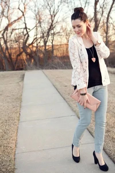 White Lace Jacket with Black Vest Top & Grey Skinny Pants