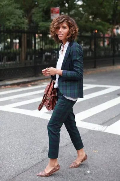 Navy Blue and Green Plaid Blazer with White Shirt