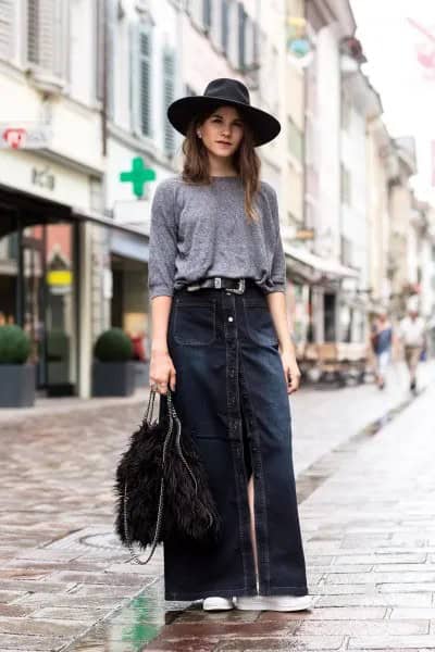 Grey Half Sleeve Sweatshirt with Dark Blue Maxi Denim Skirt