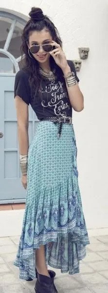 Black Print Tee with Light Blue High Low Maxi Bohemian Skirt