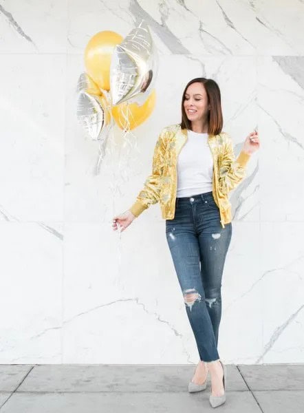 Yellow Metallic Bomber Jacket with Dark Blue Skinny Jeans