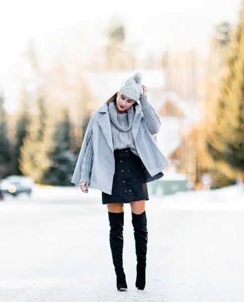 Grey Cape Coat with Matching Cable Knit Sweater & Mini Skirt