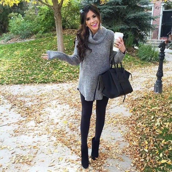 Grey Cowl Neck Long Ribbed Sweater with Leggings & Black Short Boots