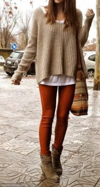 Tan Sweater with White Tee & Green Skinny Jeans