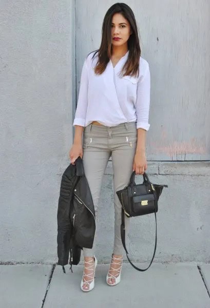 White Buttonless Shirt with Grey Skinny Jeans & Heeled Sandals