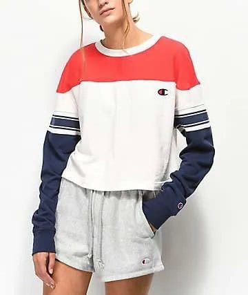 Red, White and Navy Blue Color Block Sweatshirt with Grey Sweat Shorts