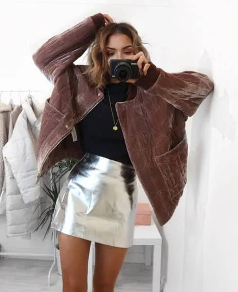 Brown Corduroy Coat with Silver Mini Skirt