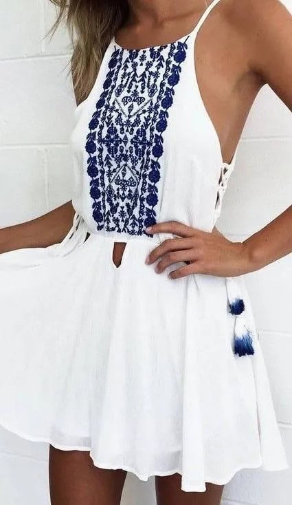 Blue Embroidery and White Dress