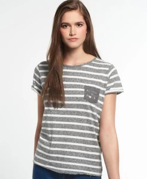 White and Grey Horizontal Striped Pocket T Shirt