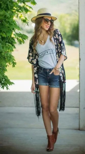 Black Rose Printed Kimono with Denim Shorts