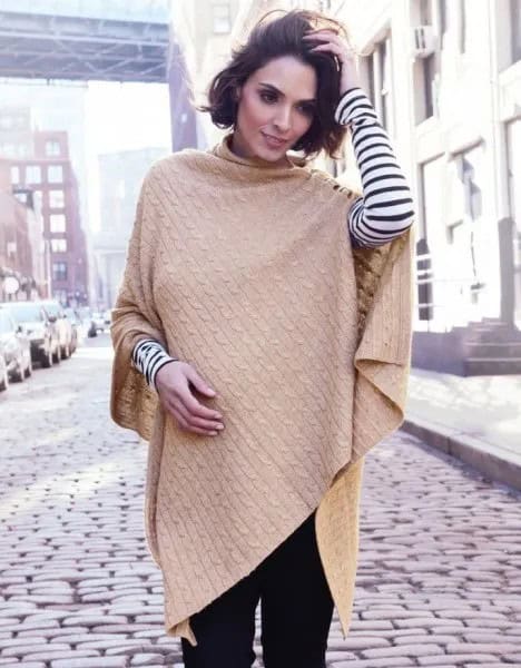 Camel Cable Knit Shawl with Black and White Striped Long Sleeve Tee