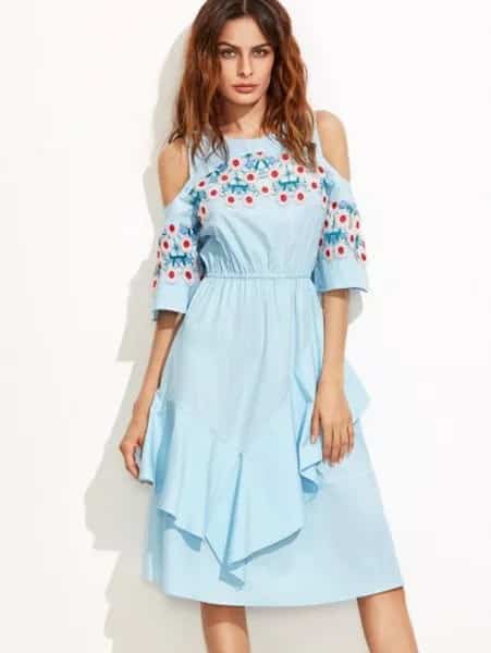 Sky Blue Floral Embroidered Ruffle Midi Flared Dress