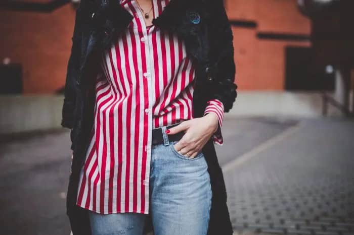 Red and White Striped Oversized Shirt with Black Wool Long Coat