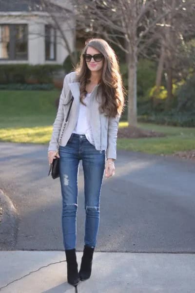 Light Grey Leather Jacket with Blue Skinny Jeans