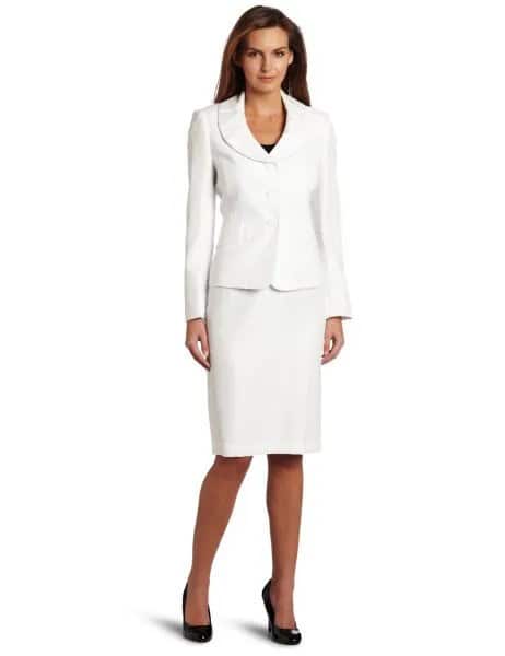 White Suit Jacket with Knee Length Straight Cut Dress & Black Heels