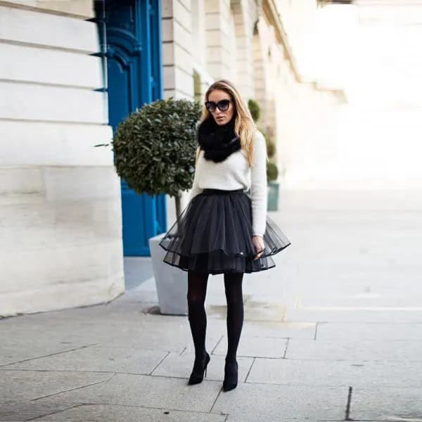 White Knit Sweater & Black Tulle Mini Skirt