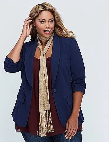 Dark Blue Blazer with Gold Sequin Fringe Scarf & Skinny Jeans