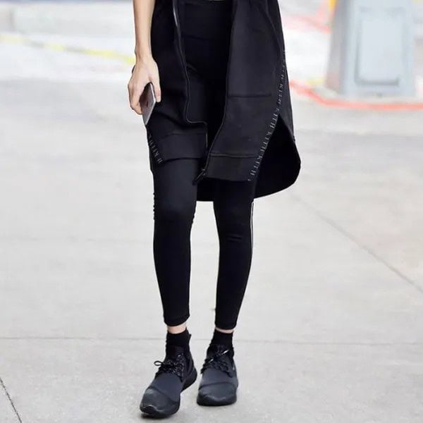 Black Tunic Dress with Leggings & Wedge Shoes