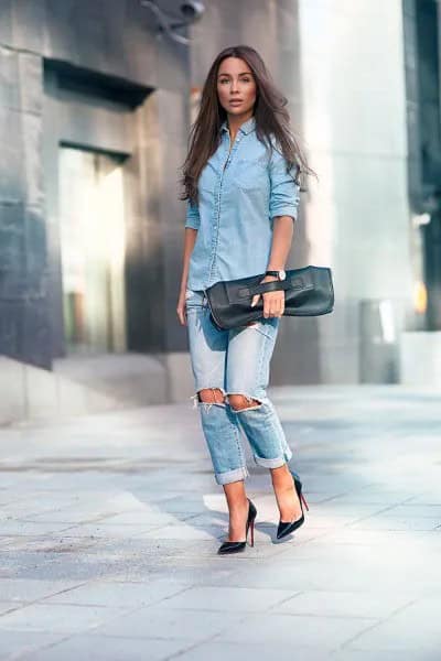 Light Blue Button Up Blouse with Cuffed Boyfriend Jeans