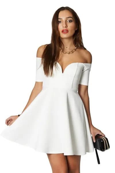 White Off The Shoulder Deep V Neck Skater Dress