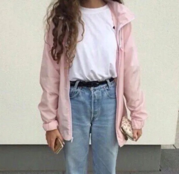 Pale Pink Oversized Windbreaker with White Tee & Boyfriend Jeans