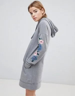 Grey Floral Embroidered Hoodie Dress