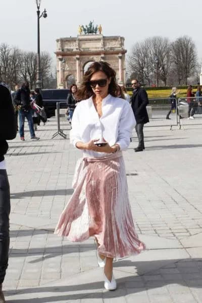 White Button Up Shirt with Pink Velvet Midi Skirt