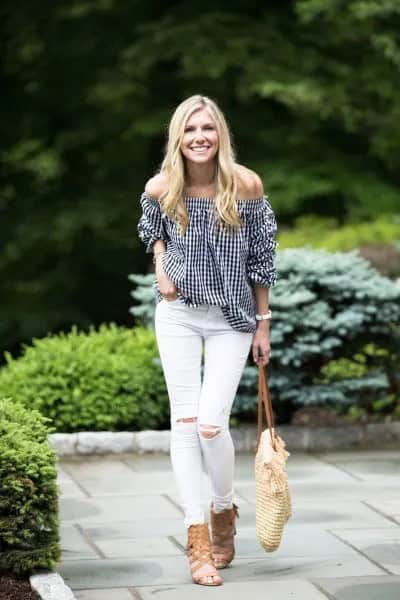 Black and White Checkered Off The Shoulder Top with Strappy Sandals