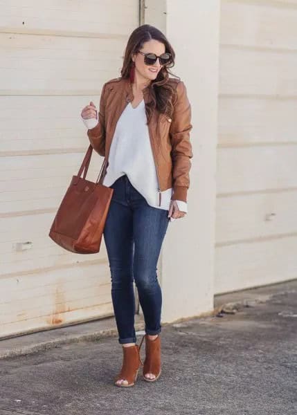 Leather Jacket with White V Neck Blouse & Open Toe Camel Boots