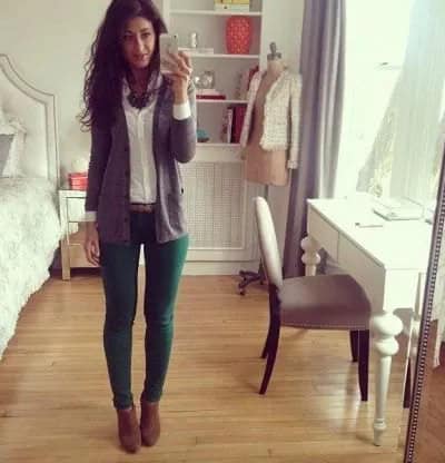 Green Jeans with White Button Up Shirt & Grey Cardigan