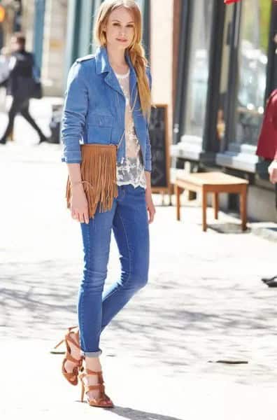 Blue Denim Jacket with Camel Fringe Suede Purse