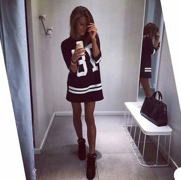 Black Graphic T Shirt Dress with Ankle Boots