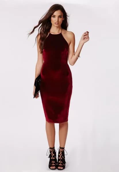 Burgundy Midi Halter Velvet Dress with Cutout Open Toe Boots