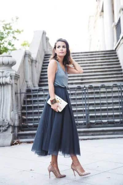 Midi Tulle Skirt with Grey Vest Top