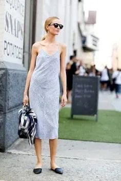 Light Grey Midi Slip Dress with Pointed Toe Backless Loafers