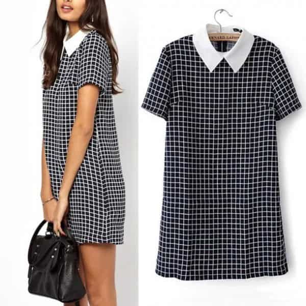 White Collar Short Sleeve Mini Shift Checkered Dress