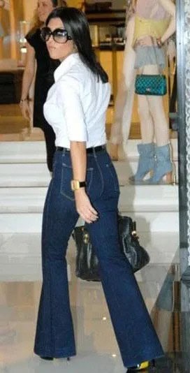 Dark Blue Bell Bottom Jeans with White Button Up Shirt