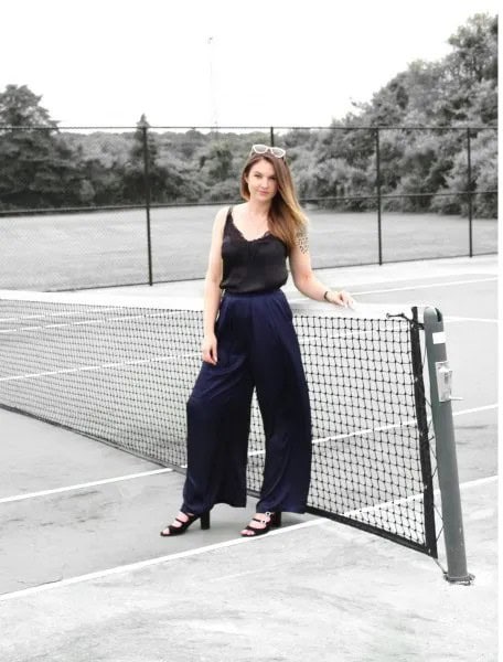 Black Camisole with Navy Wide Leg Pants