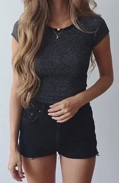 Black Ripped Shorts with Grey Ribbed Form Fitting Short Sleeve Sweater