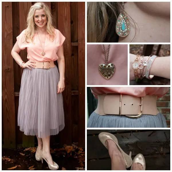 Peach Short Sleeve Shirt with Light Grey Tulle Midi Skirt